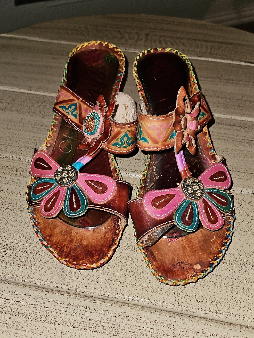 Women's Brown Leather Floral Slide Sandals with Pink & Teal Accents